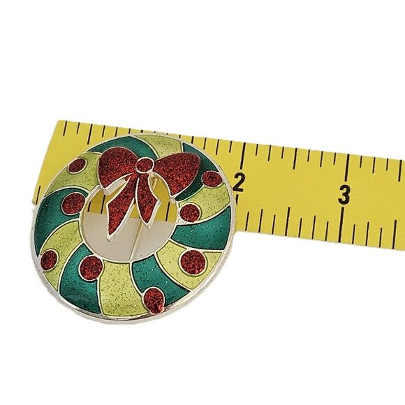 Vintage Christmas Wreath Brooch With Bow and Ornaments - Picture 4 of 4